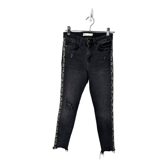 Zara 1975 denim black ripped jeans faux snakeskin side accents size 2 - Picture 4 of 10